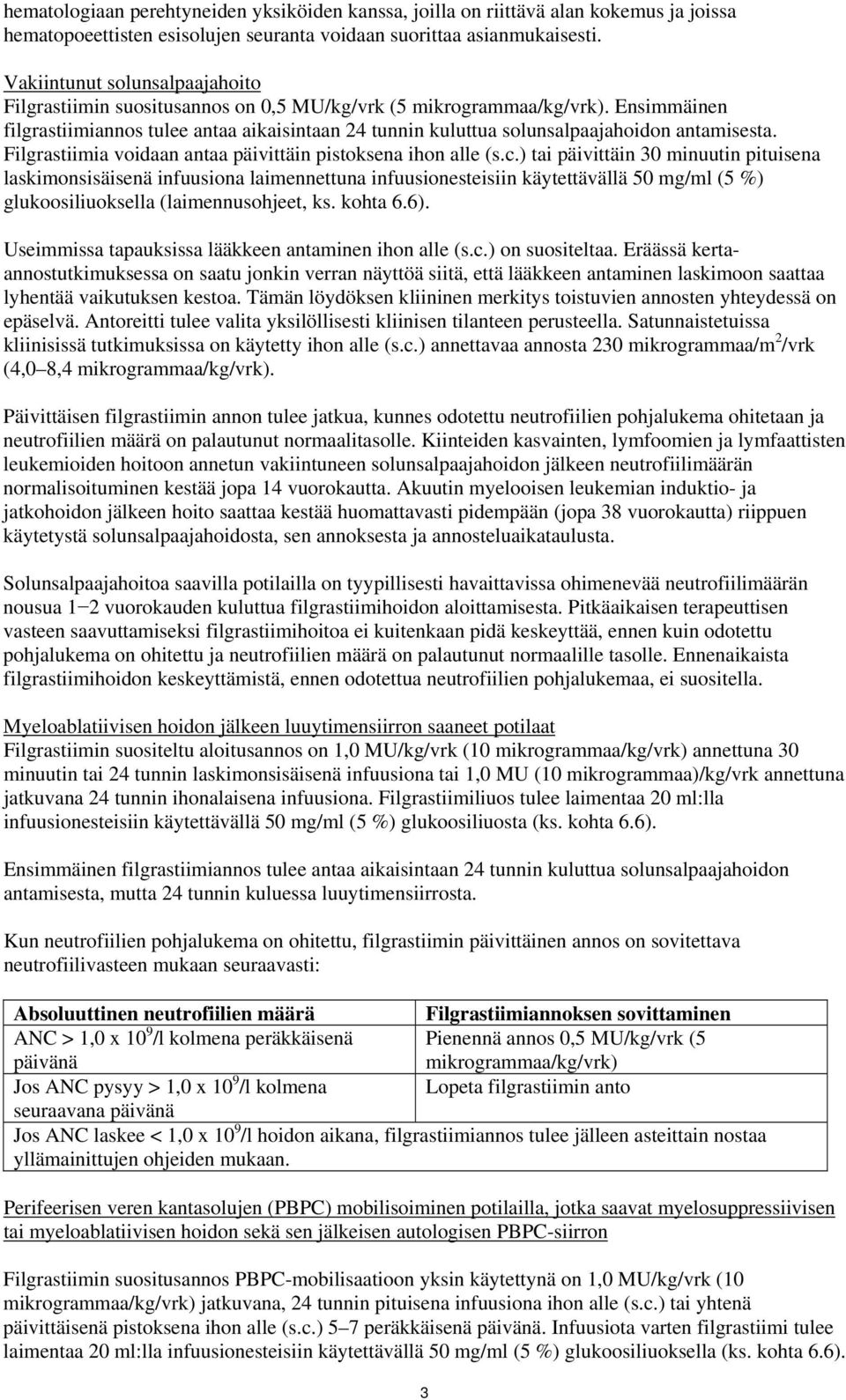 Ensimmäinen filgrastiimiannos tulee antaa aikaisintaan 24 tunnin kuluttua solunsalpaajahoidon antamisesta. Filgrastiimia voidaan antaa päivittäin pistoksena ihon alle (s.c.