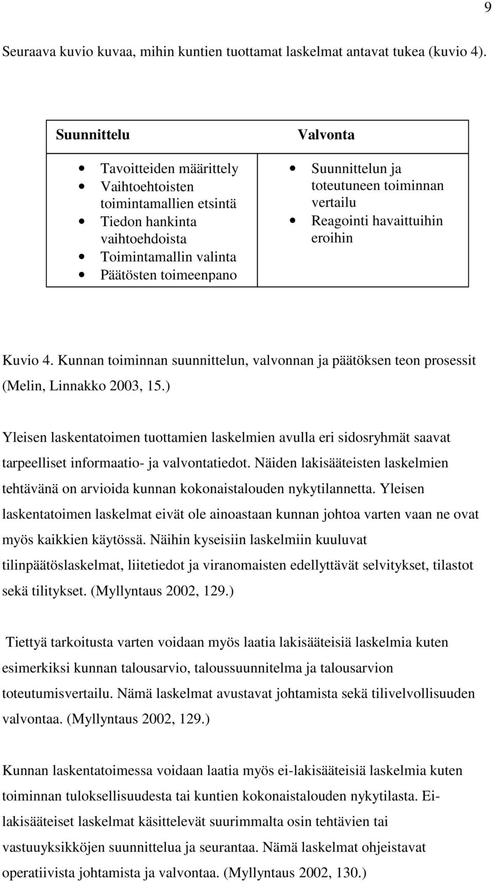 vertailu Reagointi havaittuihin eroihin Kuvio 4. Kunnan toiminnan suunnittelun, valvonnan ja päätöksen teon prosessit (Melin, Linnakko 2003, 15.