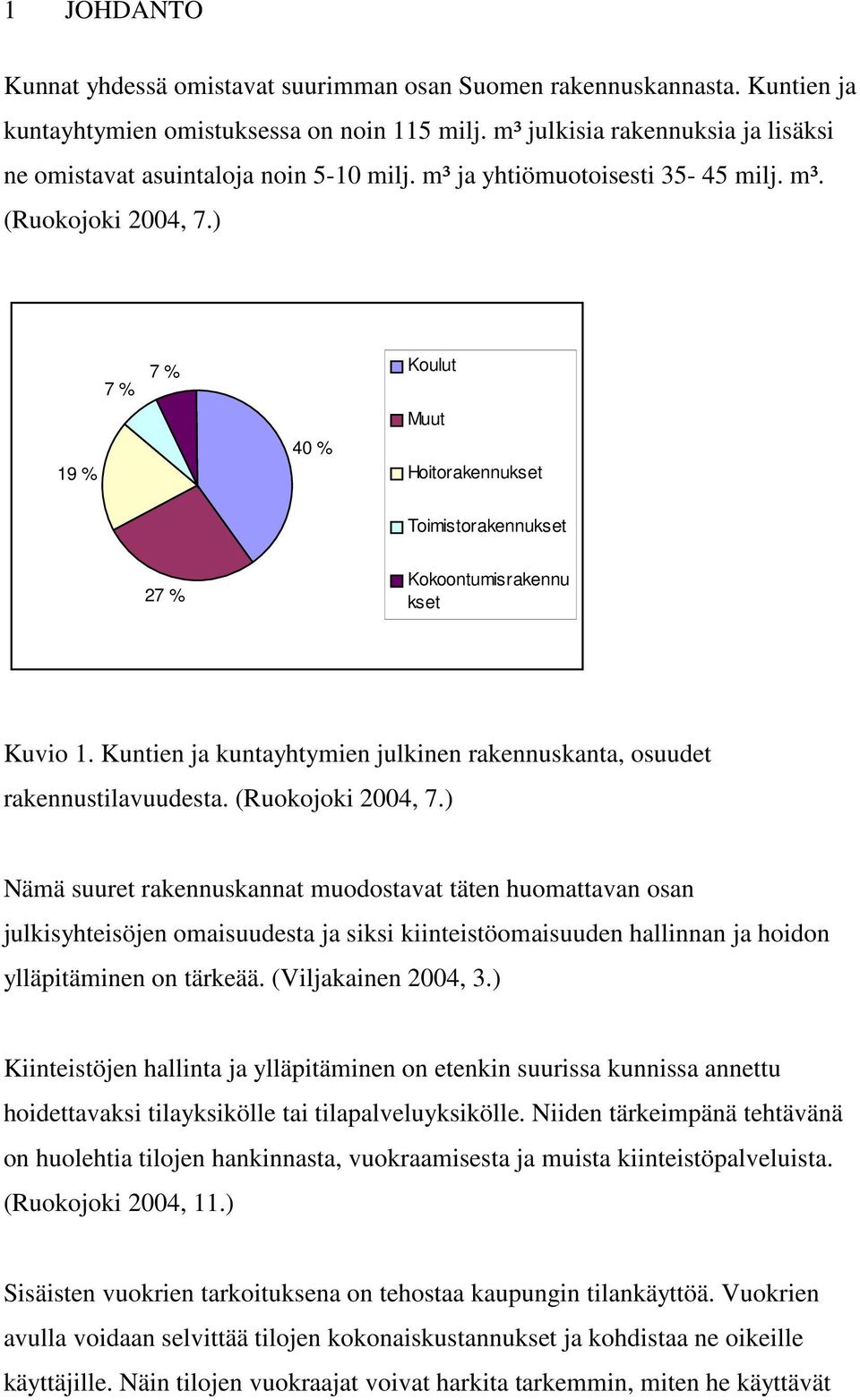 ) 19 % 7 % 7 % Koulut Muut 40 % Hoitorakennukset Toimistorakennukset 27 % Kokoontumisrakennu kset Kuvio 1. Kuntien ja kuntayhtymien julkinen rakennuskanta, osuudet rakennustilavuudesta.