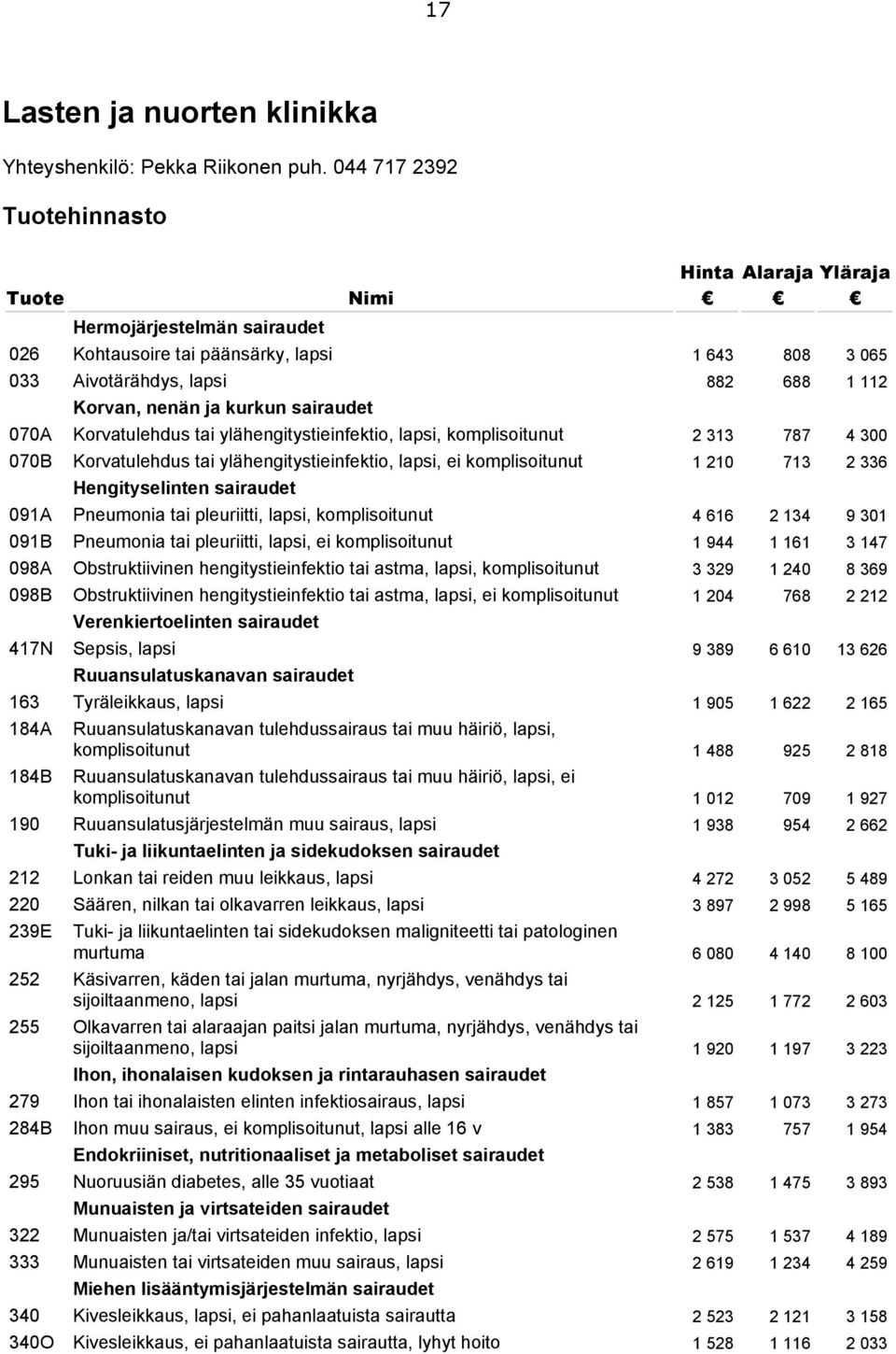 sairaudet 070A Korvatulehdus tai ylähengitystieinfektio, lapsi, komplisoitunut 2 313 787 4 300 070B Korvatulehdus tai ylähengitystieinfektio, lapsi, ei komplisoitunut 1 210 713 2 336 Hengityselinten