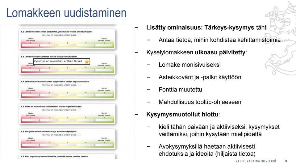 Mahdollisuus tooltip-ohjeeseen Kysymysmuotoilut hiottu: kieli tähän päivään ja aktiiviseksi, kysymykset