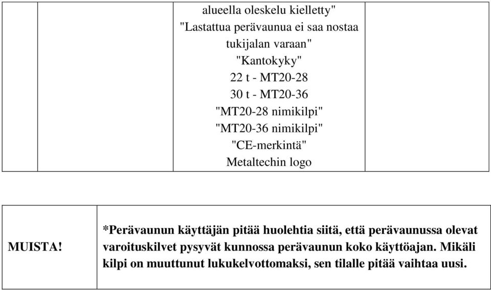 *Perävaunun käyttäjän pitää huolehtia siitä, että perävaunussa olevat varoituskilvet pysyvät kunnossa