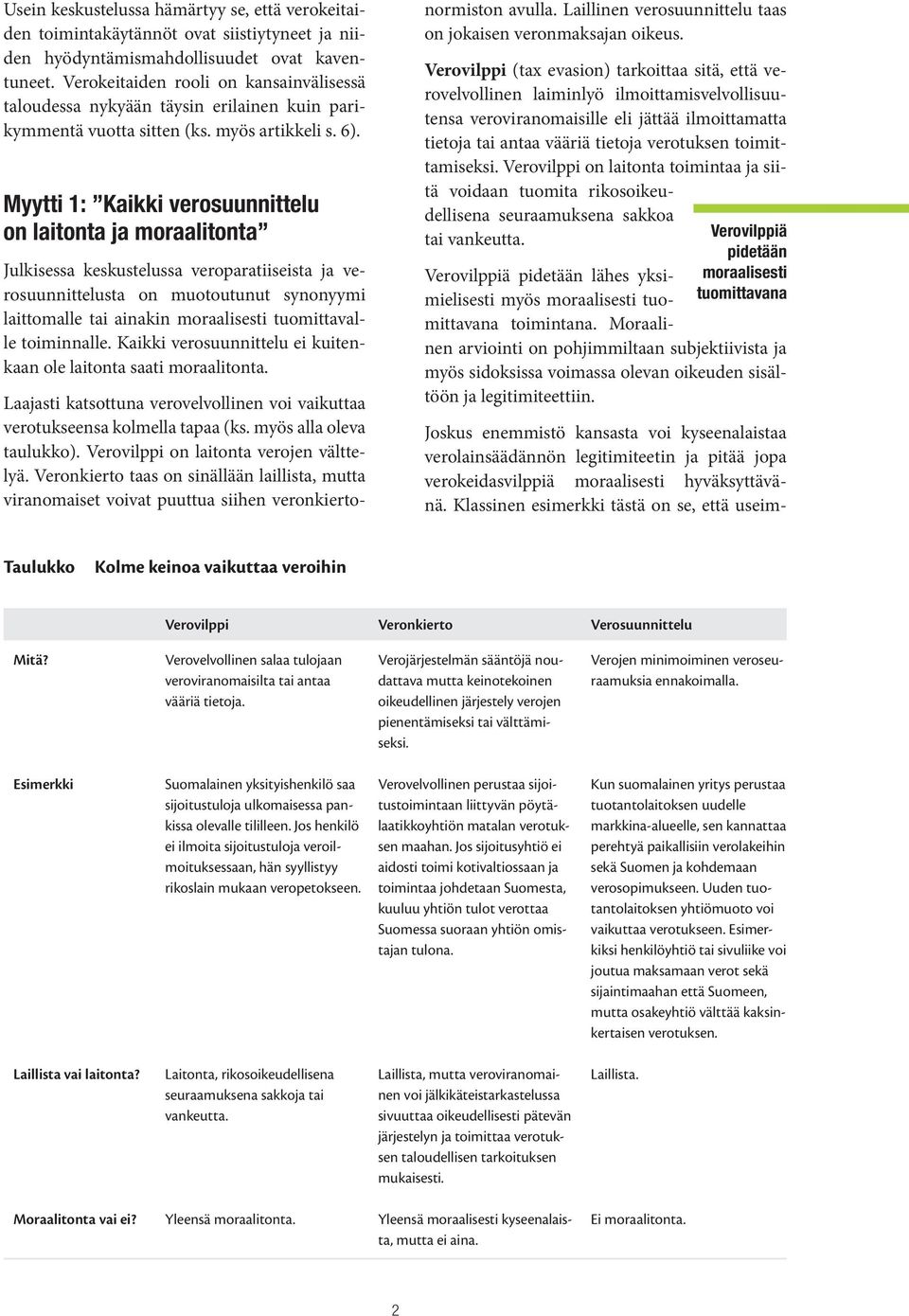 Myytti 1: Kaikki verosuunnittelu on laitonta ja moraalitonta Julkisessa keskustelussa veroparatiiseista ja verosuunnittelusta on muotoutunut synonyymi laittomalle tai ainakin moraalisesti