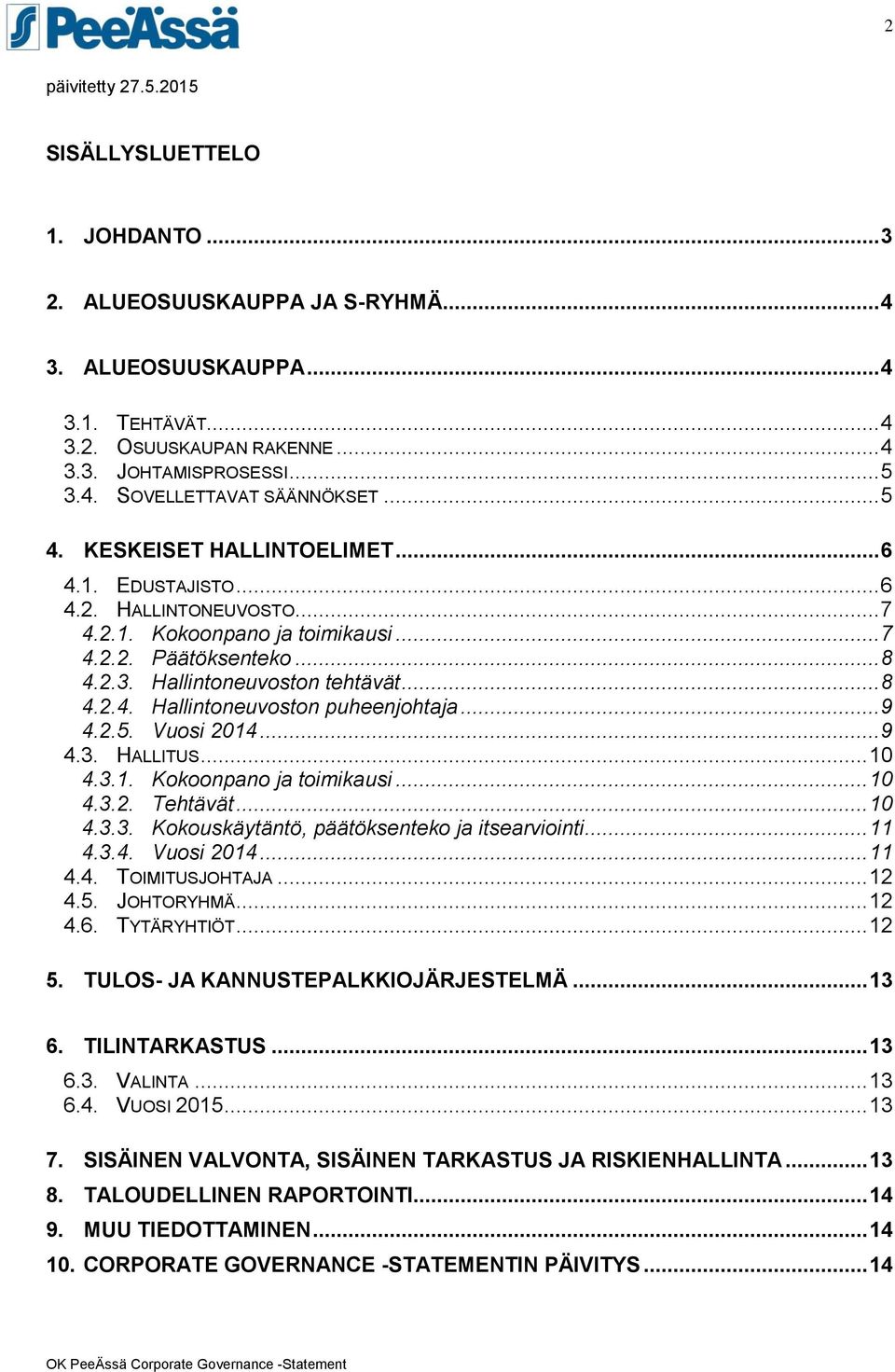 .. 9 4.2.5. Vuosi 2014... 9 4.3. HALLITUS... 10 4.3.1. Kokoonpano ja toimikausi... 10 4.3.2. Tehtävät... 10 4.3.3. Kokouskäytäntö, päätöksenteko ja itsearviointi... 11 4.3.4. Vuosi 2014... 11 4.4. TOIMITUSJOHTAJA.