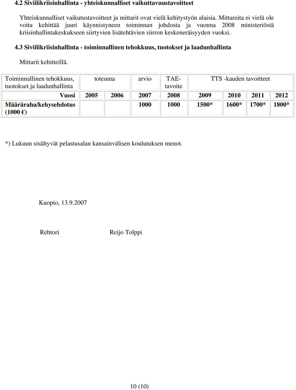 3 Siviilikriisinhallinta - toiminnallinen tehokkuus, tuotokset ja laadunhallinta Mittarit kehitteillä.