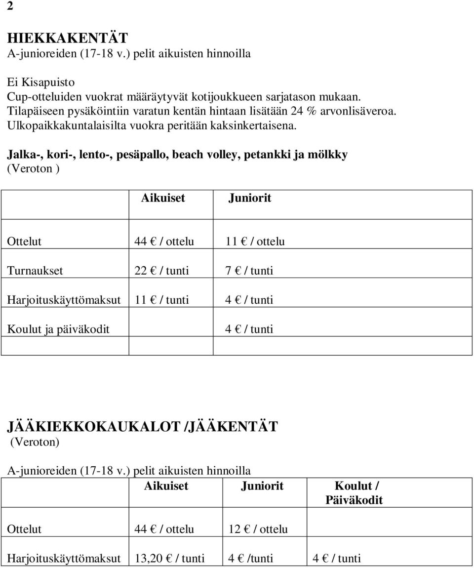 Jalka-, kori-, lento-, pesäpallo, beach volley, petankki ja mölkky (Veroton ) Aikuiset Juniorit Ottelut 44 / ottelu 11 / ottelu Turnaukset 22 / tunti 7 / tunti Harjoituskäyttömaksut