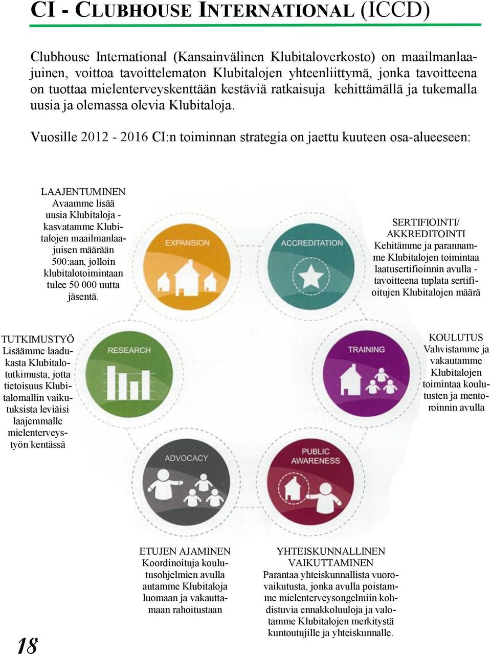 Vuosille 2012-2016 CI:n toiminnan strategia on jaettu kuuteen osa-alueeseen: LAAJENTUMINEN Avaamme lisää uusia Klubitaloja - kasvatamme Klubitalojen maailmanlaajuisen määrään 500:aan, jolloin