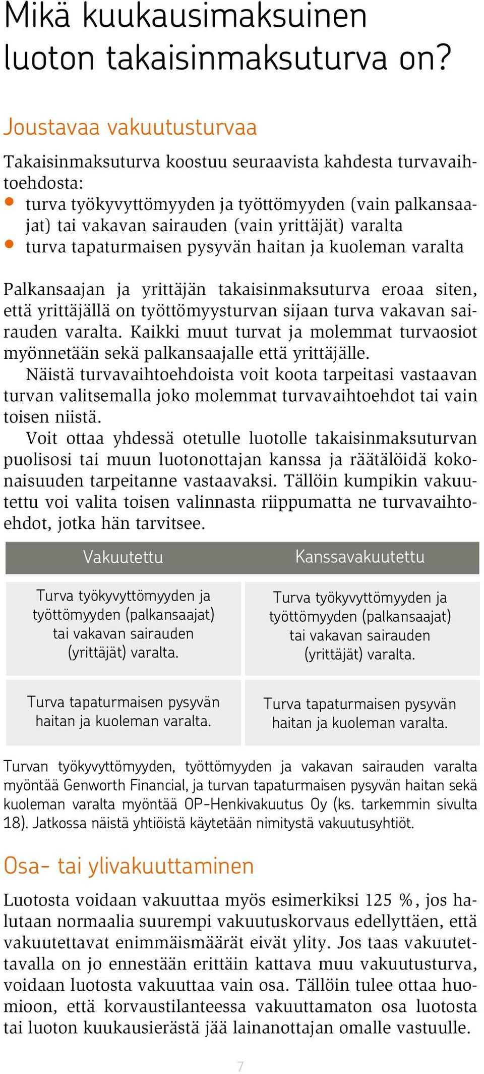 turva tapaturmaisen pysyvän haitan ja kuoleman varalta Palkansaajan ja yrittäjän takaisinmaksuturva eroaa siten, että yrittäjällä on työttömyysturvan sijaan turva vakavan sairauden varalta.