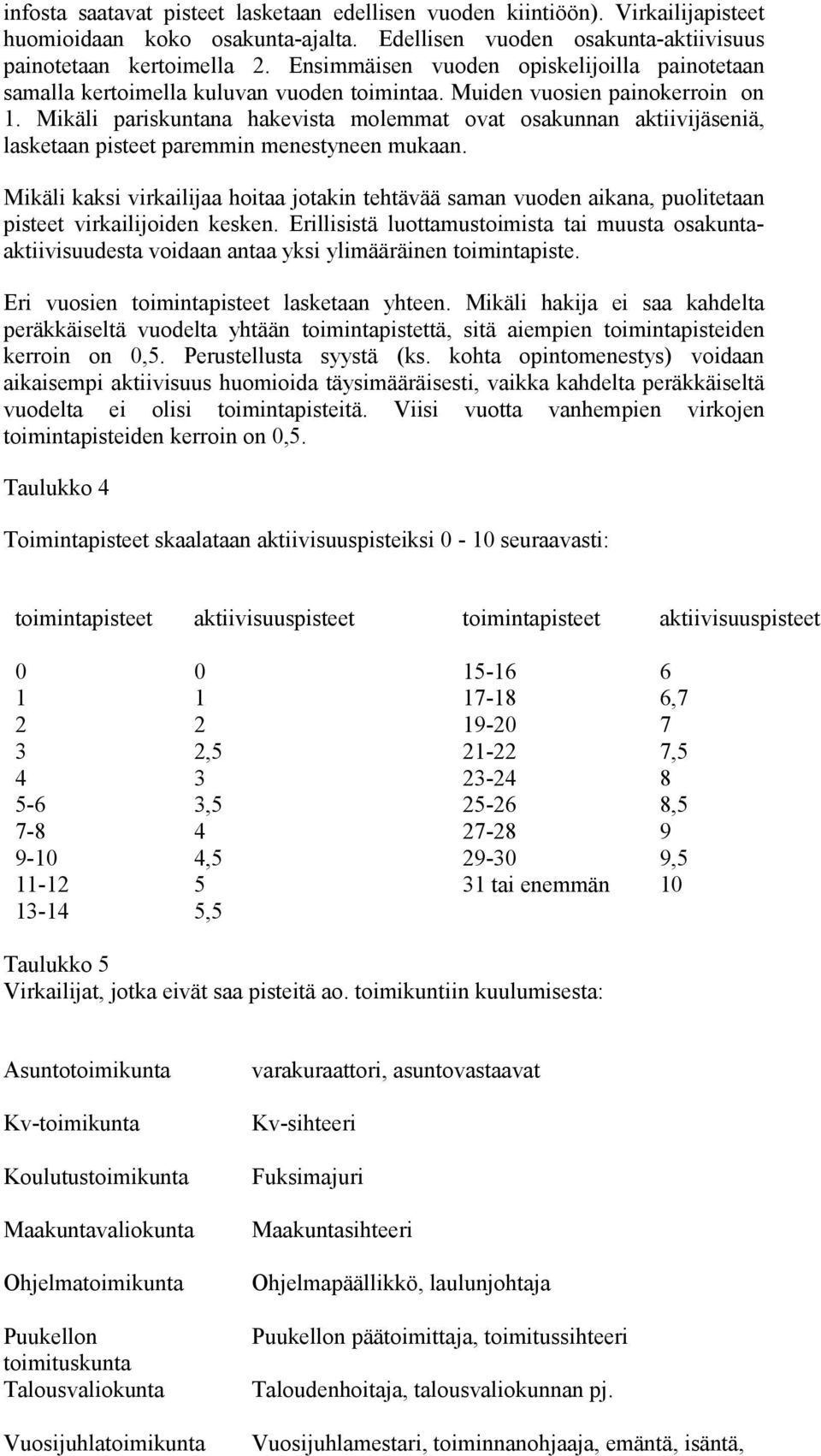 Mikäli pariskuntana hakevista molemmat ovat osakunnan aktiivijäseniä, lasketaan pisteet paremmin menestyneen mukaan.