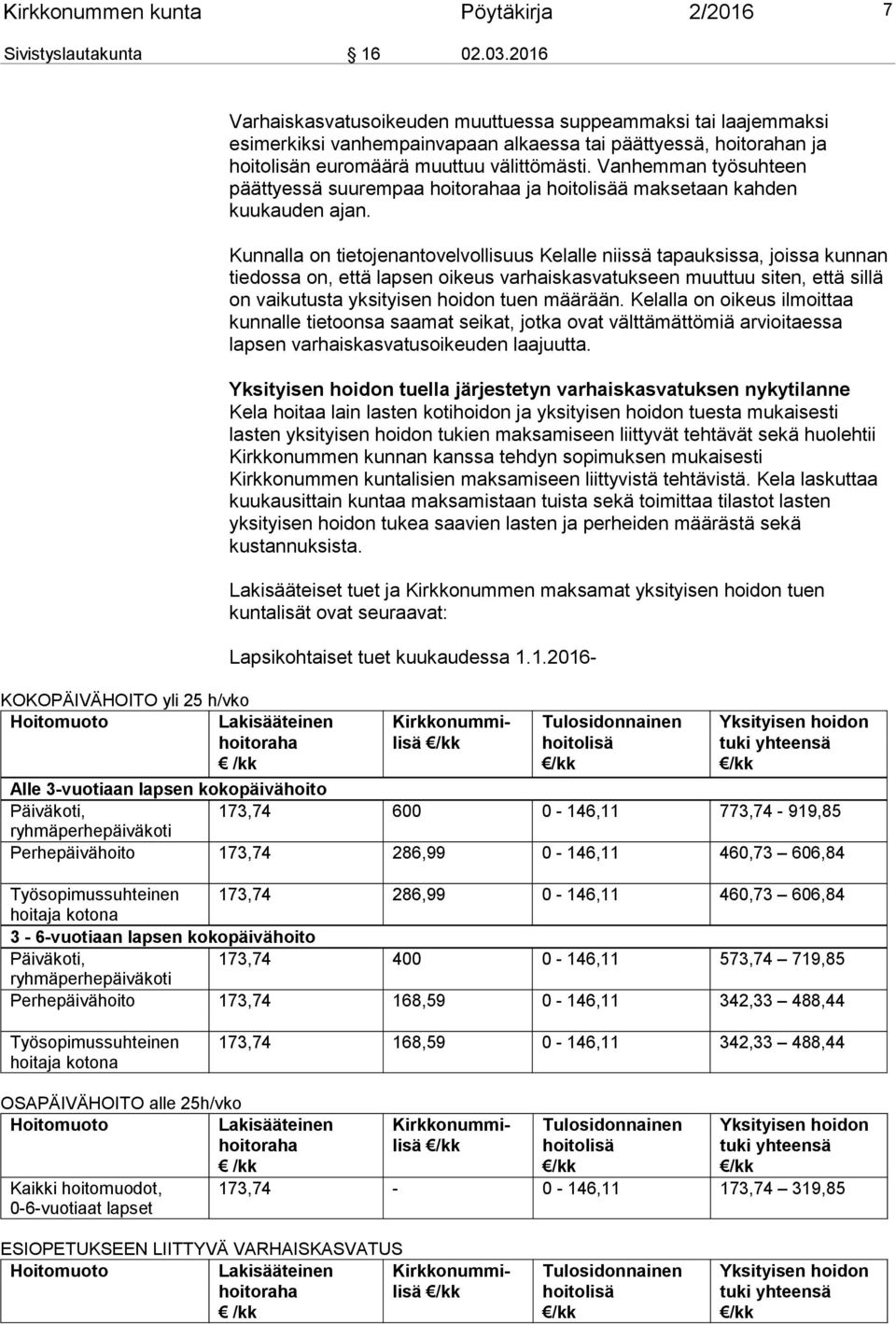 hoitorahan ja hoitolisän euromäärä muuttuu välittömästi. Vanhemman työsuhteen päättyessä suurempaa hoitorahaa ja hoitolisää maksetaan kahden kuukauden ajan.