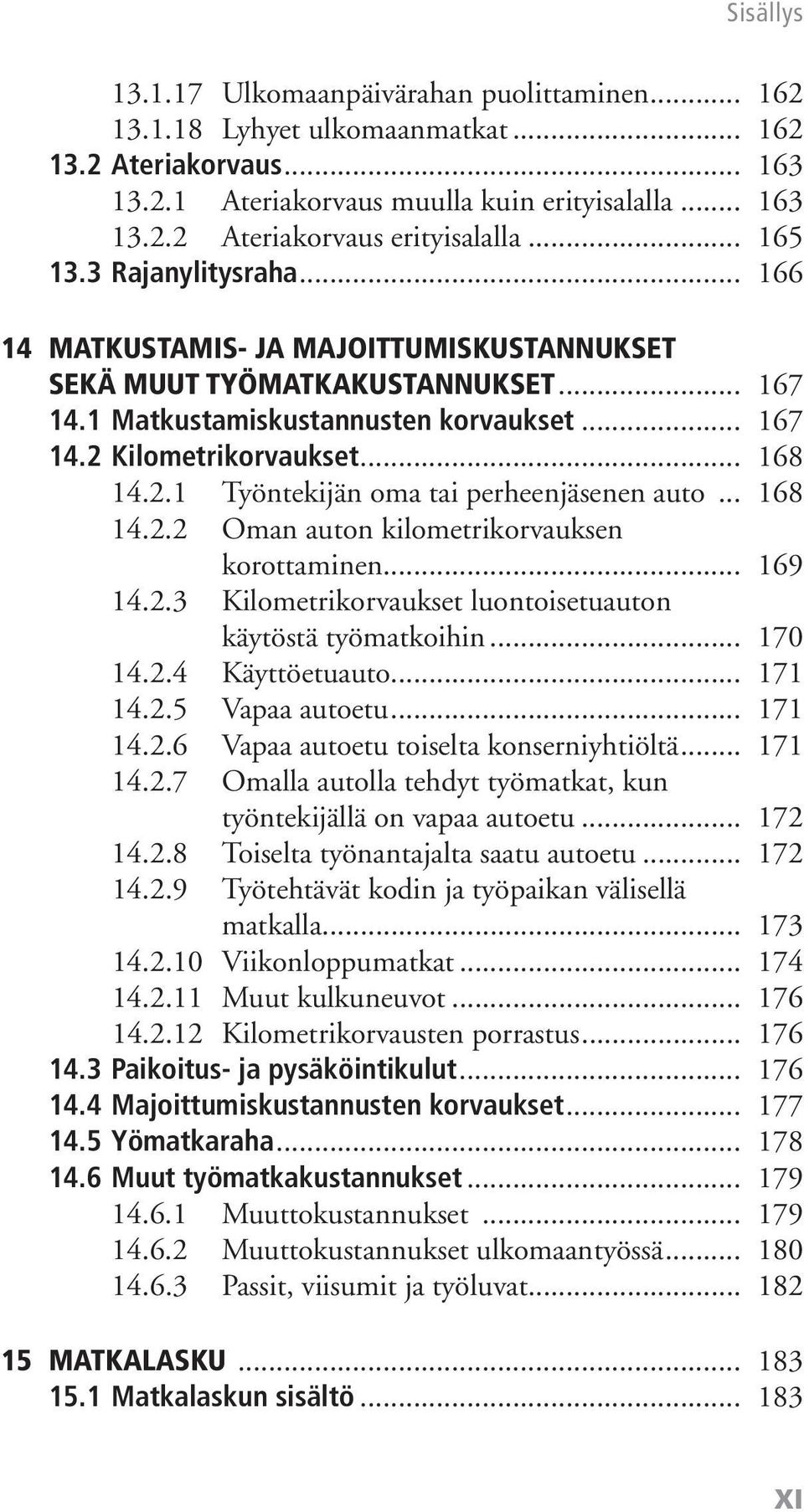 Kilometrikorvaukset... 168 14.2.1 Työntekijän oma tai perheenjäsenen auto... 168 14.2.2 Oman auton kilometrikorvauksen korottaminen... 169 14.2.3 Kilometrikorvaukset luontoisetuauton käytöstä työmatkoihin.