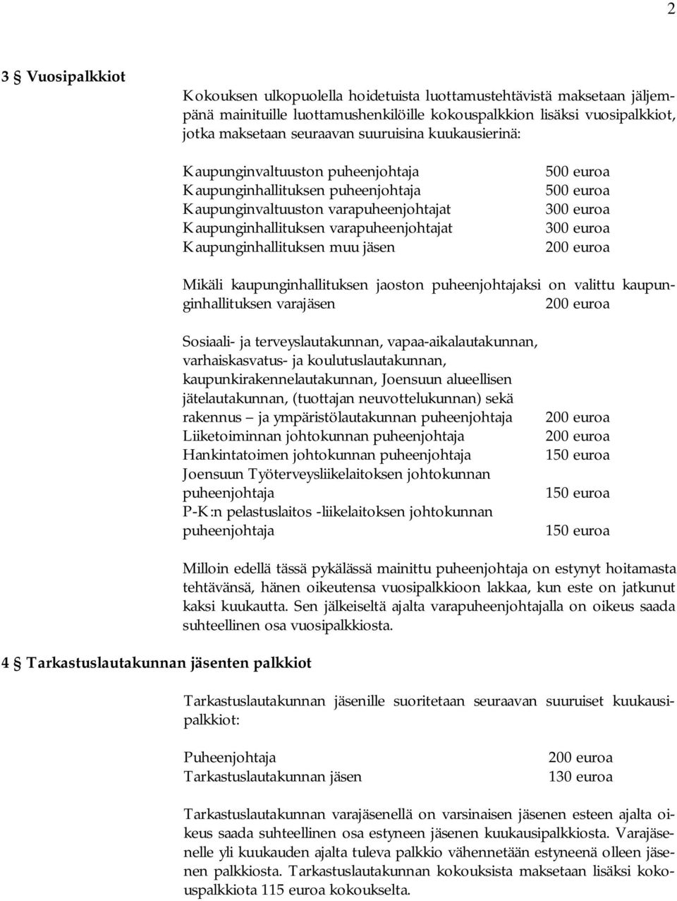 jäsen 500 euroa 500 euroa 300 euroa 300 euroa Mikäli kaupunginhallituksen jaoston puheenjohtajaksi on valittu kaupunginhallituksen varajäsen Sosiaali- ja terveyslautakunnan, vapaa-aikalautakunnan,