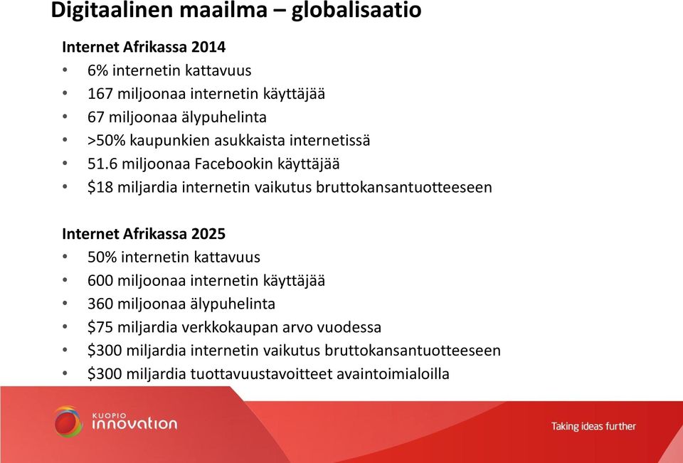 6 miljoonaa Facebookin käyttäjää $18 miljardia internetin vaikutus bruttokansantuotteeseen Internet Afrikassa 2025 50% internetin