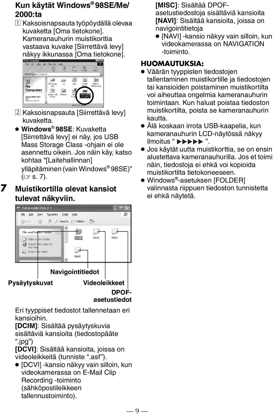 Jos näin käy, katso kohtaa [Laitehallinnan] ylläpitäminen (vain Windows 98SE) ( s. 7). 7 Muistikortilla olevat kansiot tulevat näkyviin.