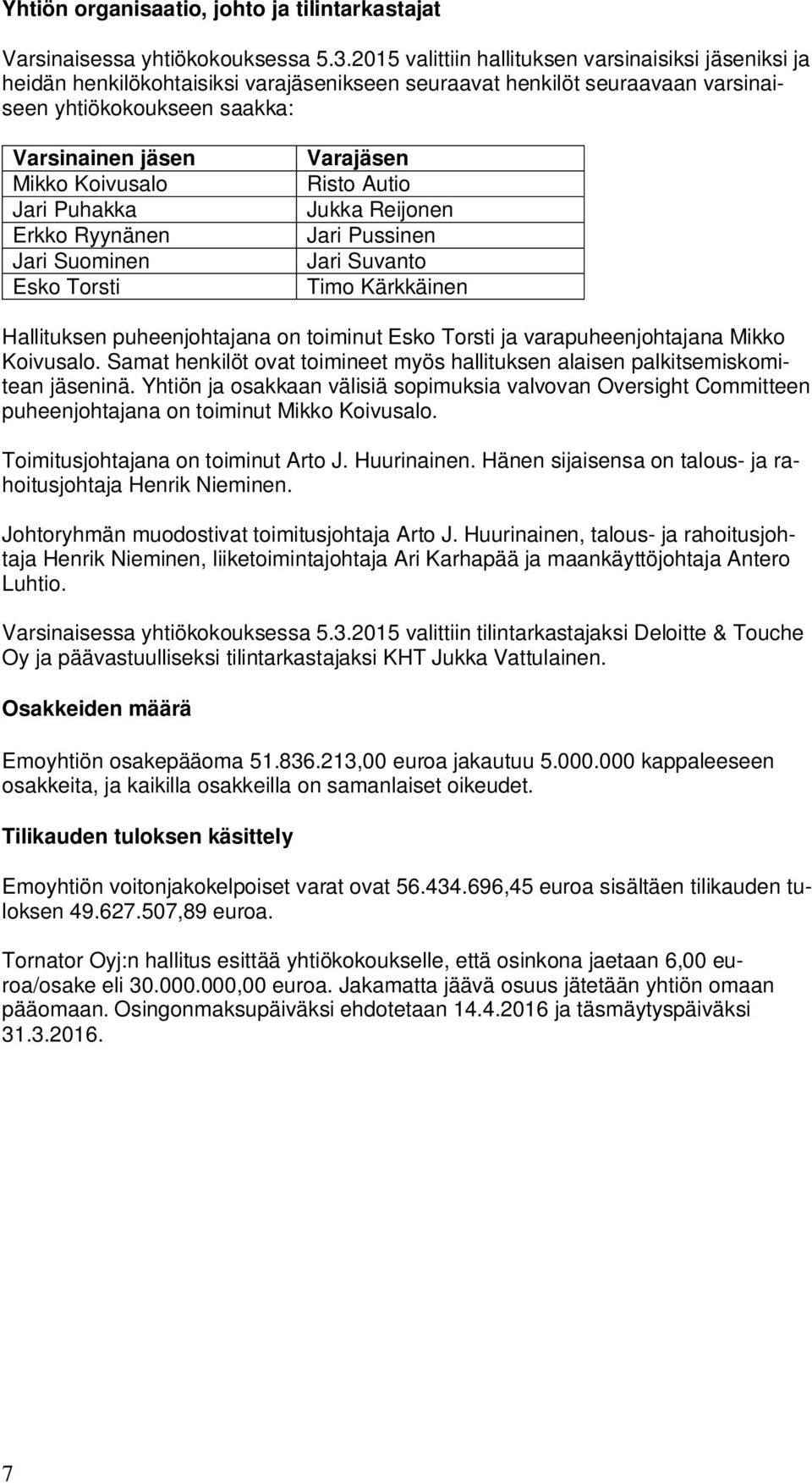 Jari Puhakka Erkko Ryynänen Jari Suominen Esko Torsti Varajäsen Risto Autio Jukka Reijonen Jari Pussinen Jari Suvanto Timo Kärkkäinen Hallituksen puheenjohtajana on toiminut Esko Torsti ja