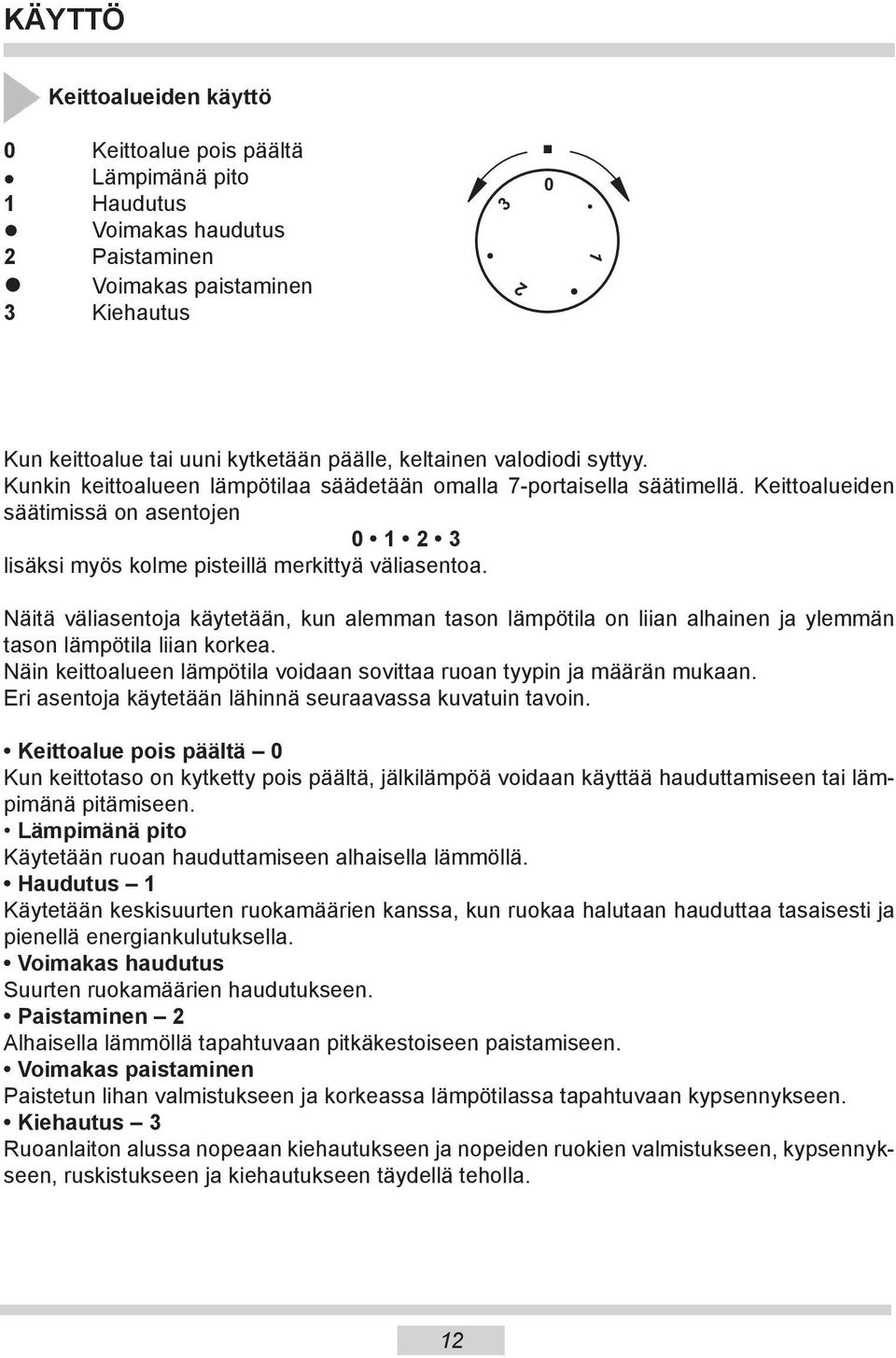 Ke it to alu eiden säätimissä on asentojen 0 1 lisäksi myös kolme pisteillä merkittyä väliasentoa.