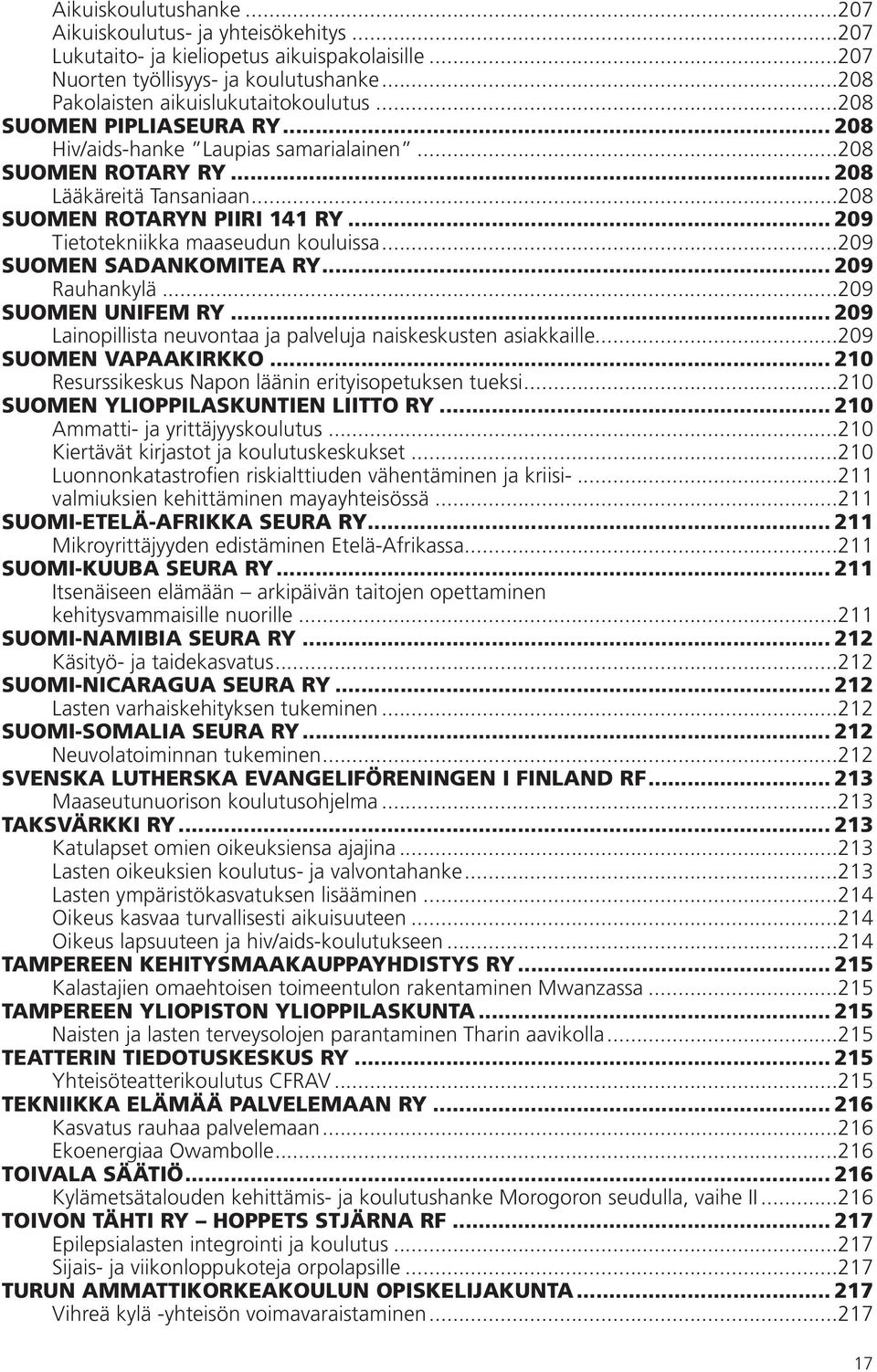 ..209 SUOMEN SADANKOMITEA RY... 209 Rauhankylä...209 SUOMEN UNIFEM RY... 209 Lainopillista neuvontaa ja palveluja naiskeskusten asiakkaille...209 SUOMEN VAPAAKIRKKO.