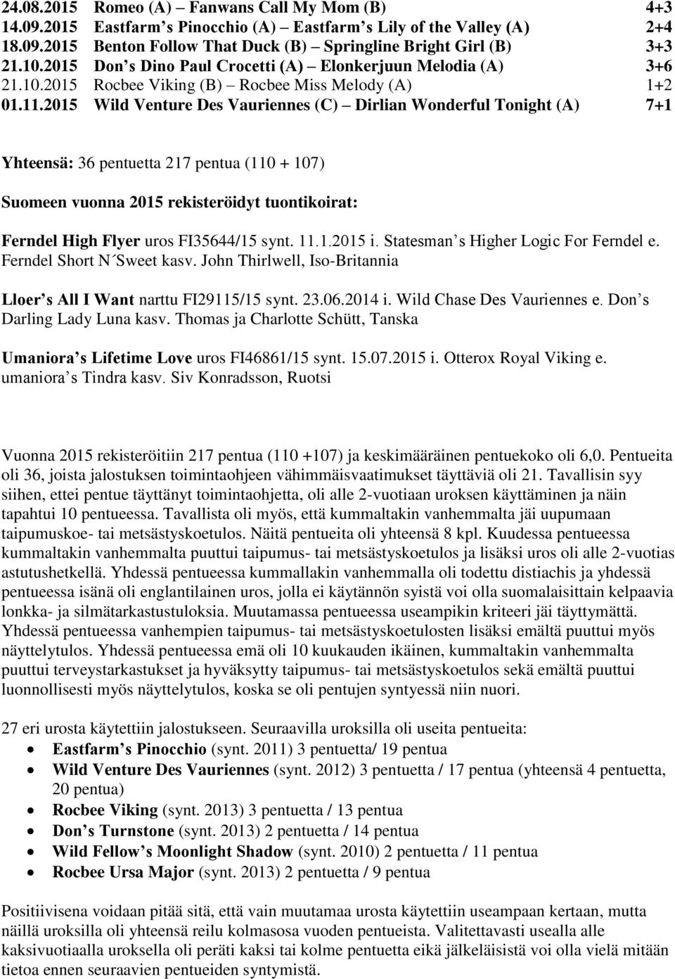 2015 Wild Venture Des Vauriennes (C) Dirlian Wonderful Tonight (A) 7+1 Yhteensä: 36 pentuetta 217 pentua (110 + 107) Suomeen vuonna 2015 rekisteröidyt tuontikoirat: Ferndel High Flyer uros FI35644/15
