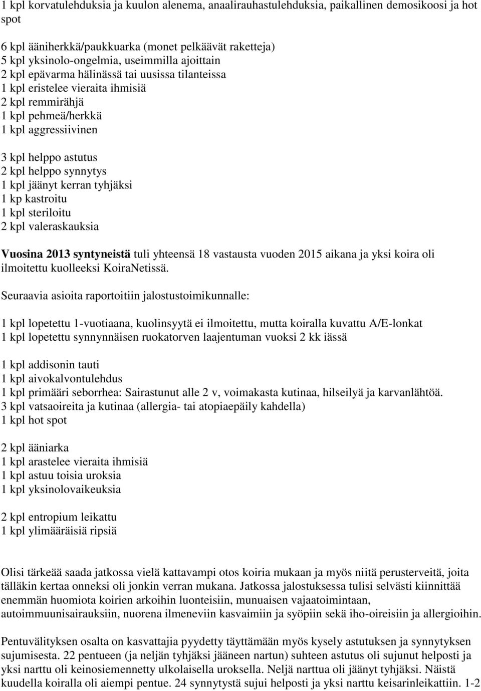 jäänyt kerran tyhjäksi 1 kp kastroitu 1 kpl steriloitu 2 kpl valeraskauksia Vuosina 2013 syntyneistä tuli yhteensä 18 vastausta vuoden 2015 aikana ja yksi koira oli ilmoitettu kuolleeksi KoiraNetissä.