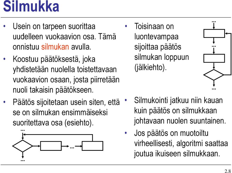 Päätös sijoitetaan usn siten, että se on silmukan ensimmäiseksi suoritettava osa (esiehto).