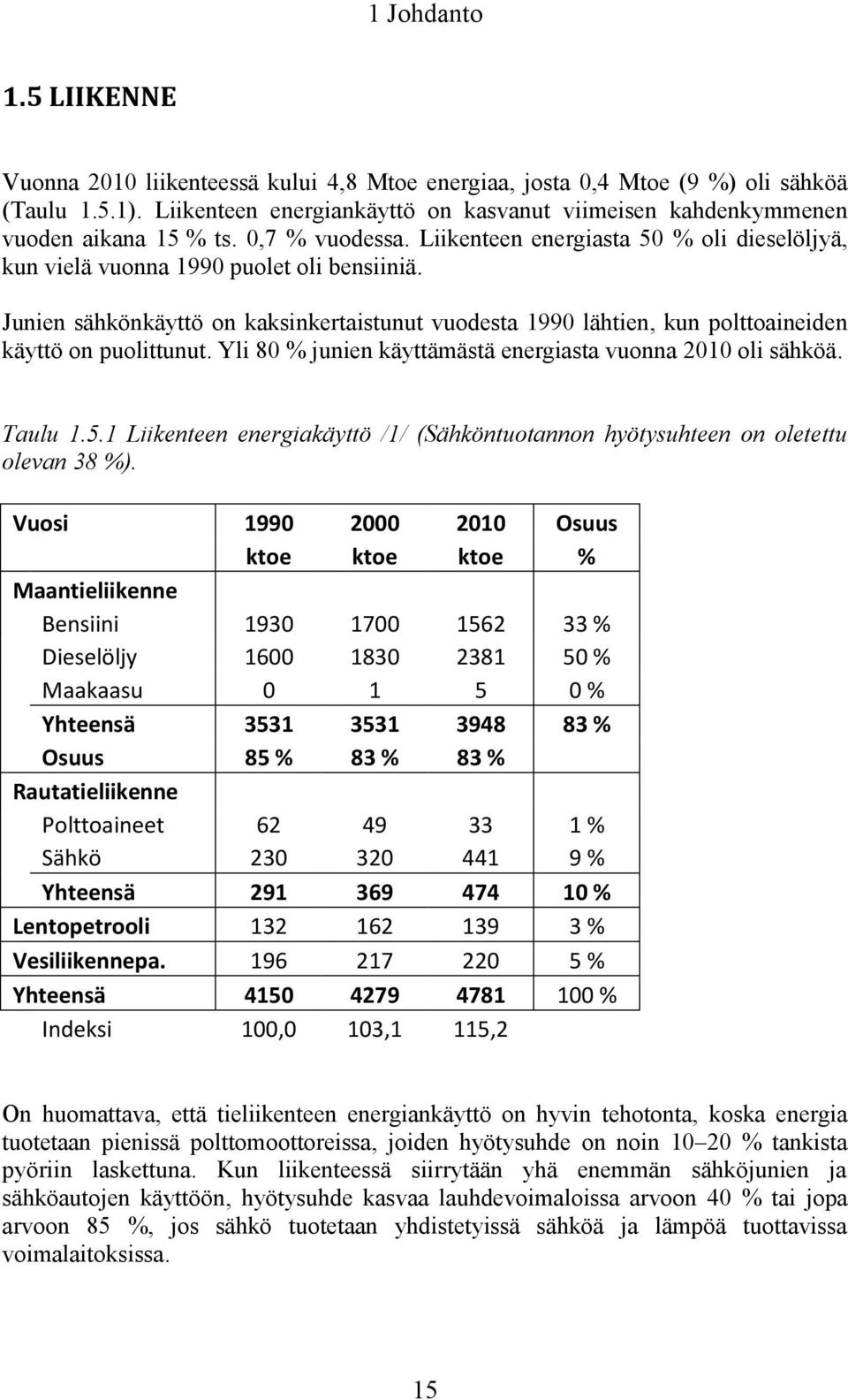 Junien sähkönkäyttö on kaksinkertaistunut vuodesta 1990 lähtien, kun polttoaineiden käyttö on puolittunut. Yli 80 % junien käyttämästä energiasta vuonna 2010 oli sähköä. Taulu 1.5.