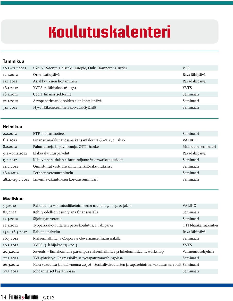 2.2012 ETF-sijoitustuotteet Seminaari 6.2.2012 Finanssimarkkinat osana kansantaloutta 6. 7.2., 1. jakso VALIKO 8.2.2012 Palomuureja ja pilvilinnoja, OTTI-hanke Maksuton seminaari 9.2. 10.2.2012 Eläkevakuutuspalvelut Rava-lähipäivä 9.