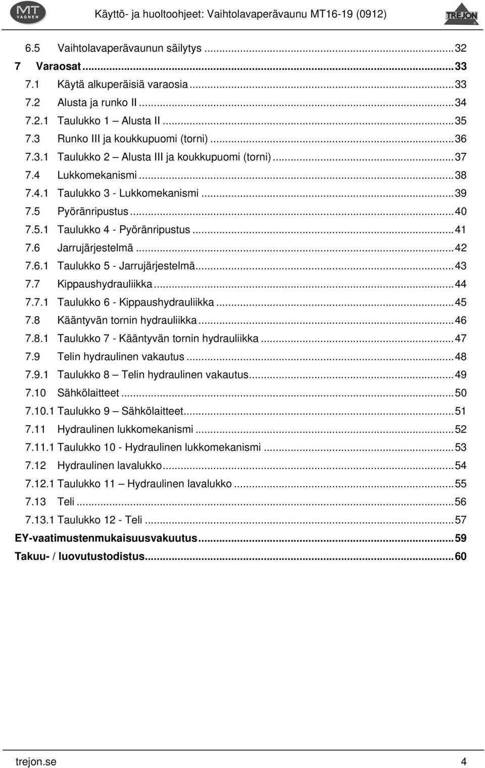 7 Kippaushydrauliikka...44 7.7.1 Taulukko 6 - Kippaushydrauliikka...45 7.8 Kääntyvän tornin hydrauliikka...46 7.8.1 Taulukko 7 - Kääntyvän tornin hydrauliikka...47 7.9 Telin hydraulinen vakautus...48 7.