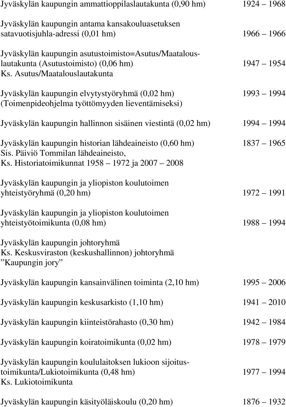 Asutus/Maatalouslautakunta Jyväskylän kaupungin elvytystyöryhmä (0,02 hm) 1993 1994 (Toimenpideohjelma työttömyyden lieventämiseksi) Jyväskylän kaupungin hallinnon sisäinen viestintä (0,02 hm) 1994