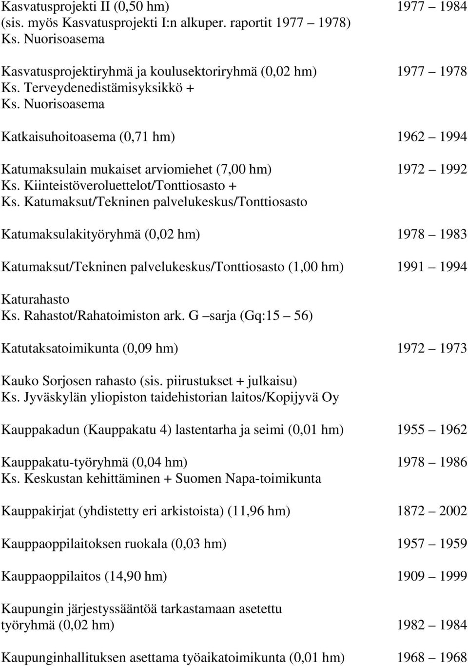 Katumaksut/Tekninen palvelukeskus/tonttiosasto Katumaksulakityöryhmä (0,02 hm) 1978 1983 Katumaksut/Tekninen palvelukeskus/tonttiosasto (1,00 hm) 1991 1994 Katurahasto Ks. Rahastot/Rahatoimiston ark.