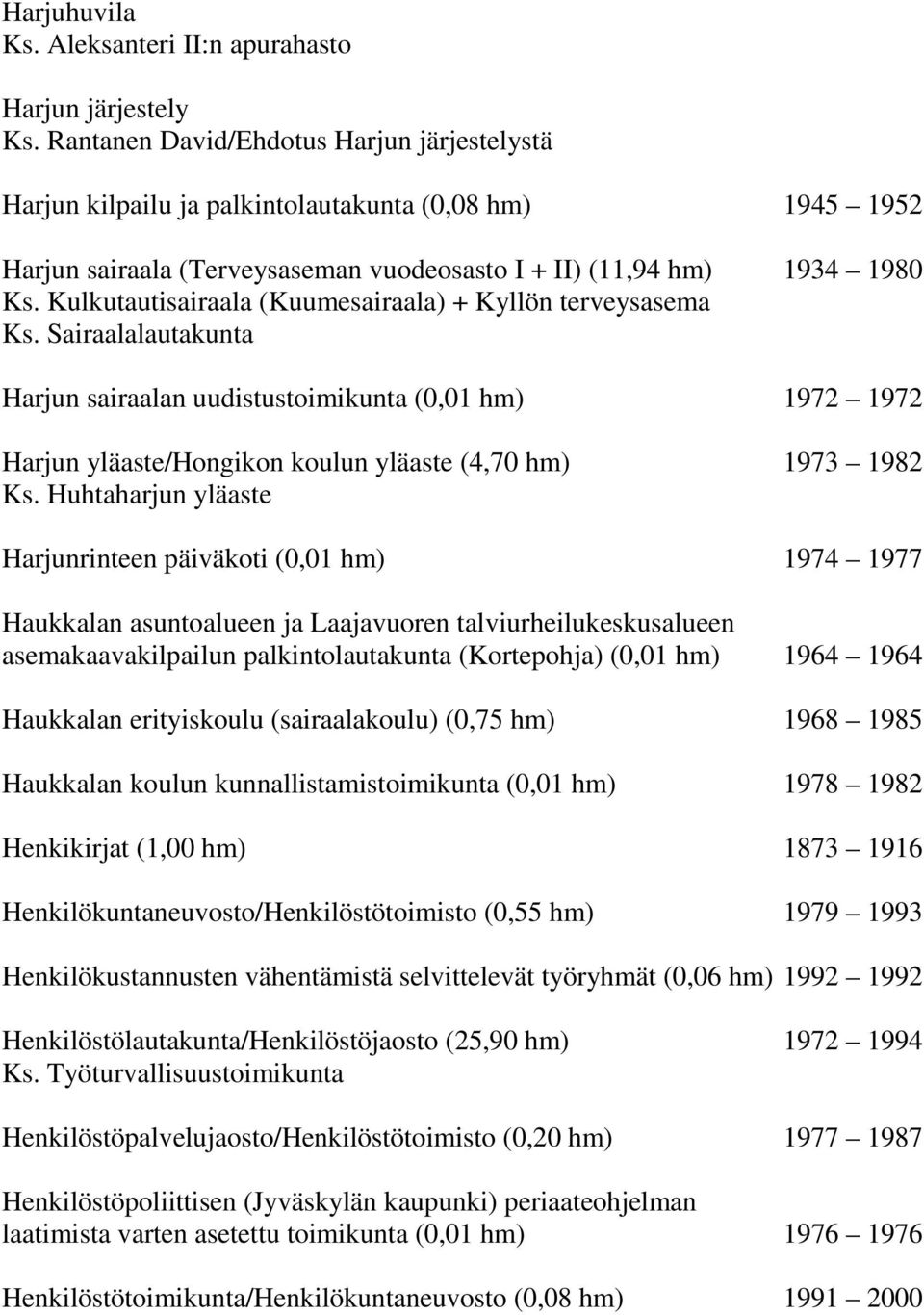 Kulkutautisairaala (Kuumesairaala) + Kyllön terveysasema Ks. Sairaalalautakunta Harjun sairaalan uudistustoimikunta (0,01 hm) 1972 1972 Harjun yläaste/hongikon koulun yläaste (4,70 hm) 1973 1982 Ks.