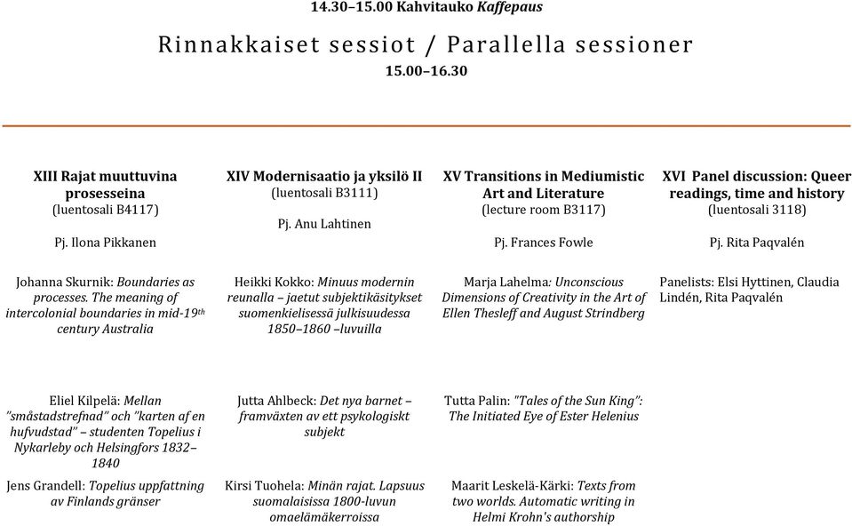 Frances Fowle XVI Panel discussion: Queer readings, time and history (luentosali 3118) Pj. Rita Paqvalén Johanna Skurnik: Boundaries as processes.