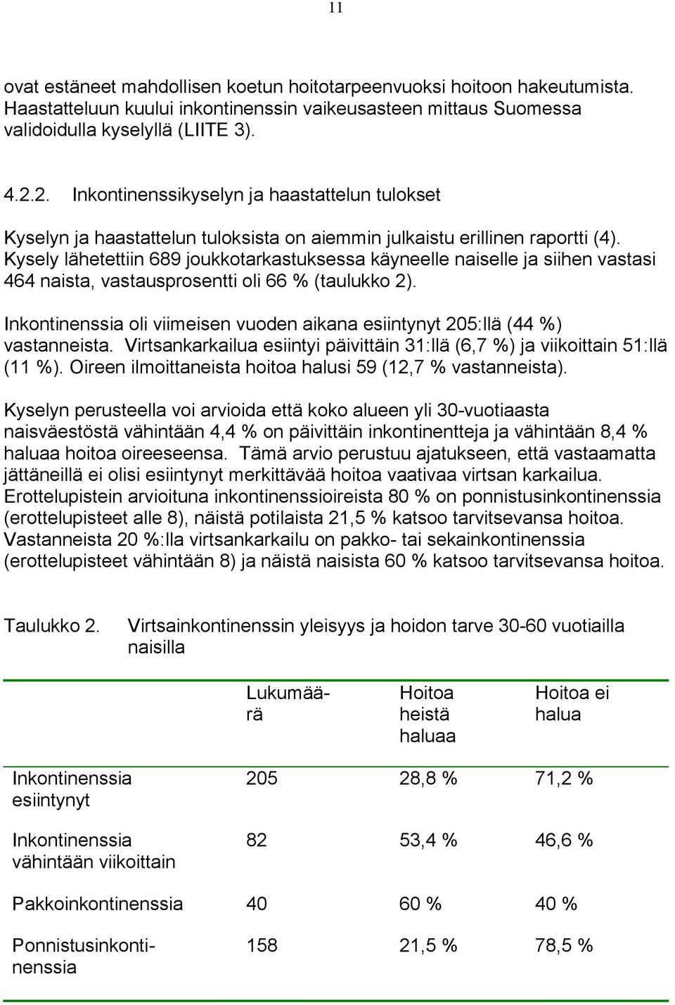 Kysely lähetettiin 689 joukkotarkastuksessa käyneelle naiselle ja siihen vastasi 464 naista, vastausprosentti oli 66 % (taulukko 2).