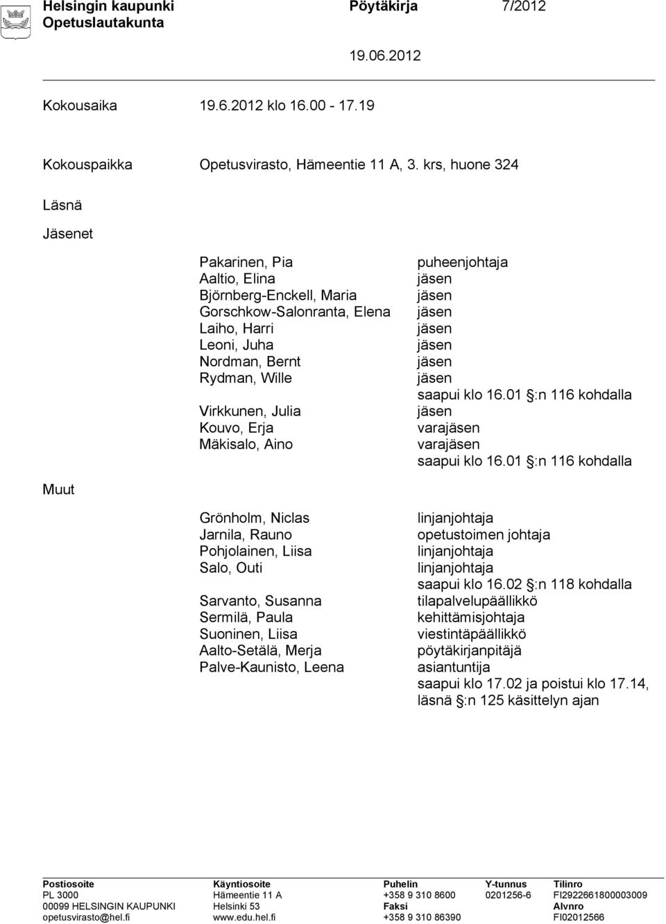 Mäkisalo, Aino puheenjohtaja jäsen jäsen jäsen jäsen jäsen jäsen jäsen saapui klo 16.01 :n 116 kohdalla jäsen varajäsen varajäsen saapui klo 16.