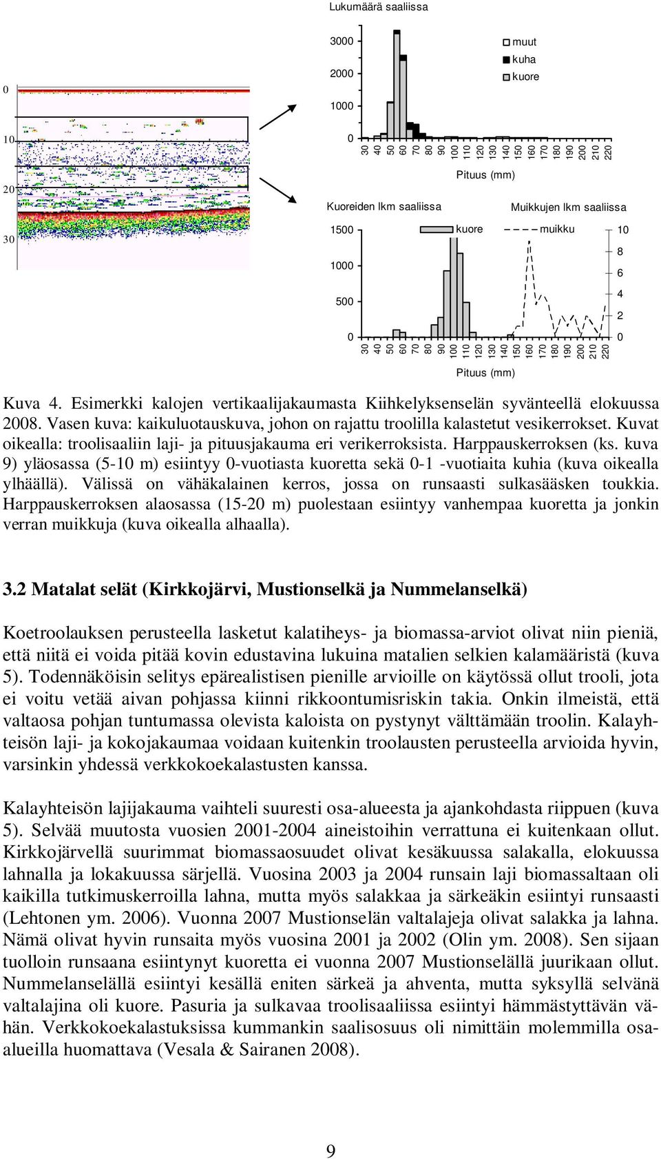 Vasen kuva: kaikuluotauskuva, johon on rajattu troolilla kalastetut vesikerrokset. Kuvat oikealla: troolisaaliin laji- ja pituusjakauma eri verikerroksista. Harppauskerroksen (ks.