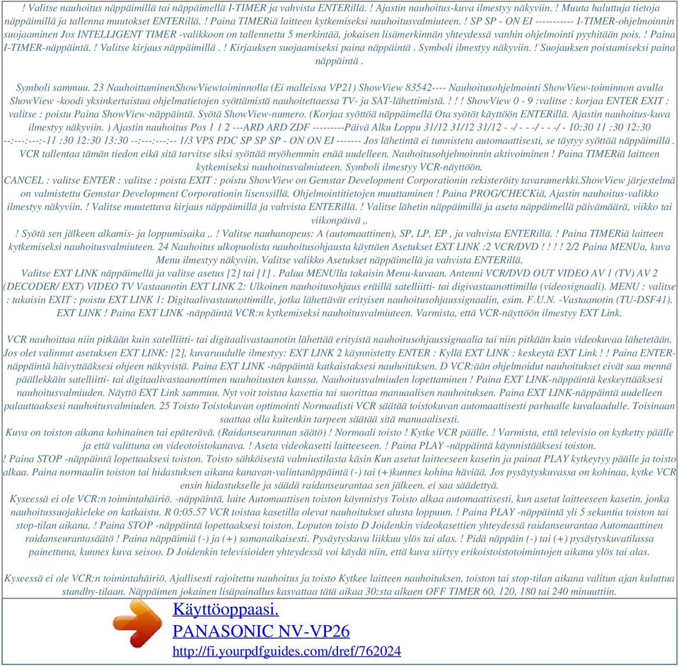 ! SP SP - ON EI ----------- I-TIMER-ohjelmoinnin suojaaminen Jos INTELLIGENT TIMER -valikkoon on tallennettu 5 merkintää, jokaisen lisämerkinnän yhteydessä vanhin ohjelmointi pyyhitään pois.