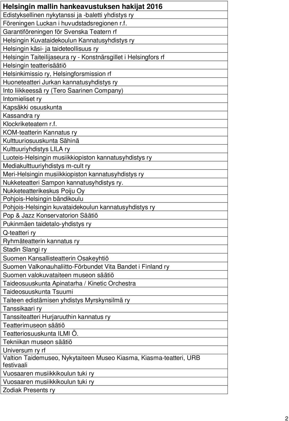 teatterisäätiö Helsinkimissio ry, Helsingforsmission rf Huoneteatteri Jurkan kannatusyhdistys ry Into liikkeessä ry (Tero Saarinen Company) Intomieliset ry Kapsäkki osuuskunta Kassandra ry