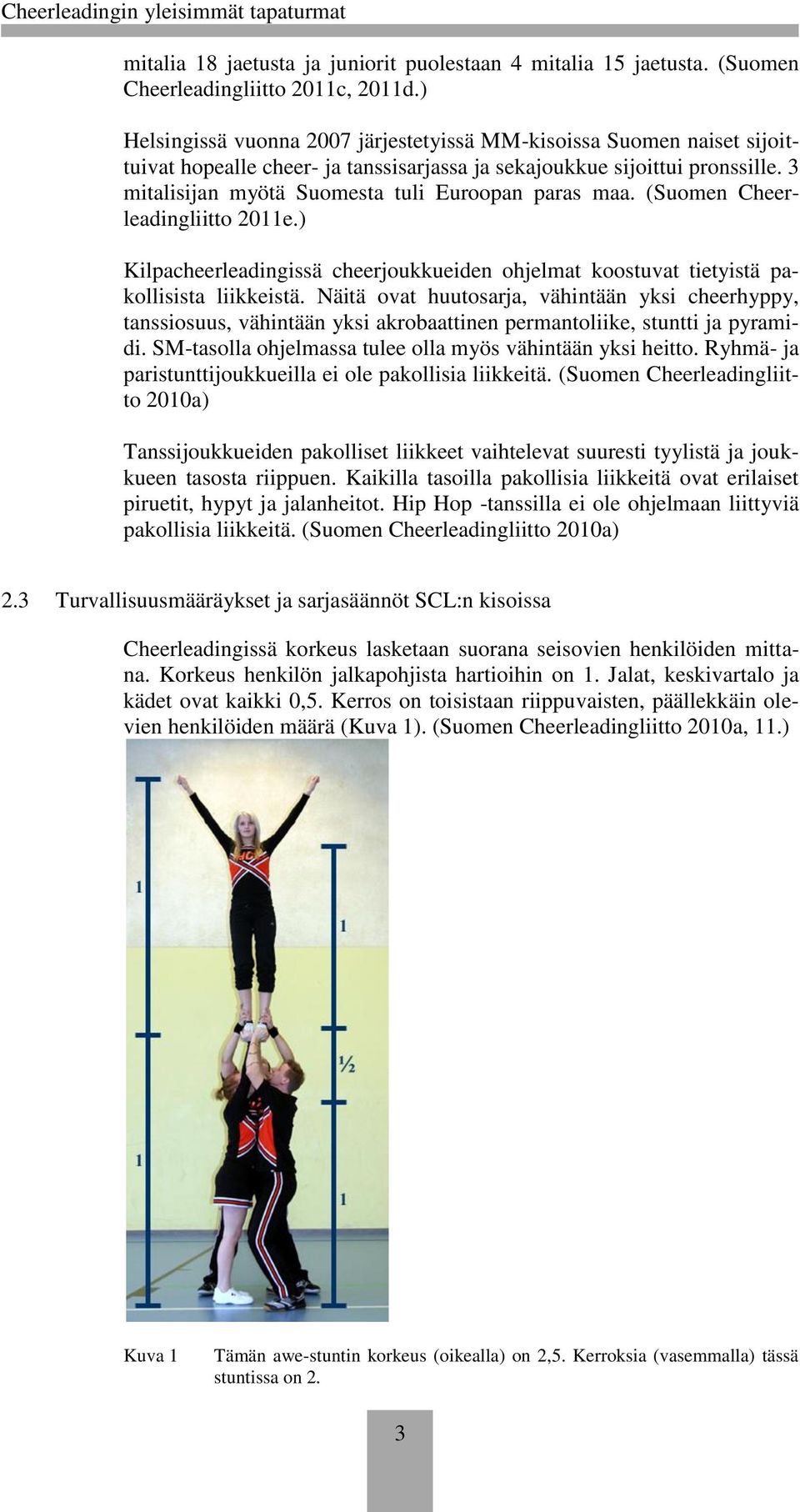 3 mitalisijan myötä Suomesta tuli Euroopan paras maa. (Suomen Cheerleadingliitto 2011e.) Kilpacheerleadingissä cheerjoukkueiden ohjelmat koostuvat tietyistä pakollisista liikkeistä.