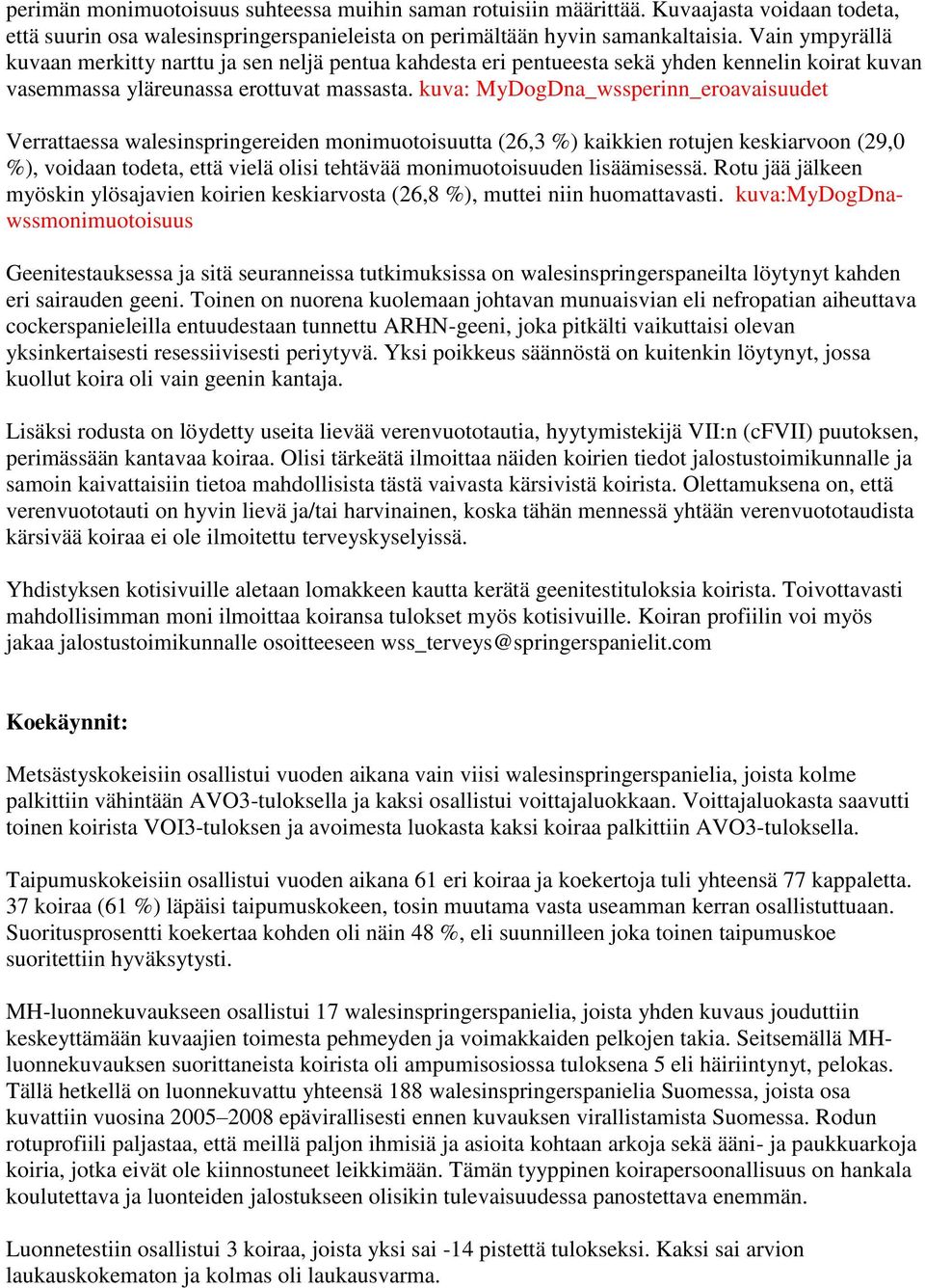 kuva: MyDogDna_wssperinn_eroavaisuudet Verrattaessa walesinspringereiden monimuotoisuutta (26,3 %) kaikkien rotujen keskiarvoon (29,0 %), voidaan todeta, että vielä olisi tehtävää monimuotoisuuden