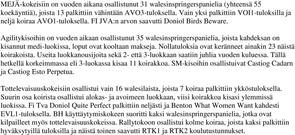 Agilitykisoihin on vuoden aikaan osallistunut 35 walesinspringerspanielia, joista kahdeksan on kisannut medi-luokissa, loput ovat kooltaan makseja.