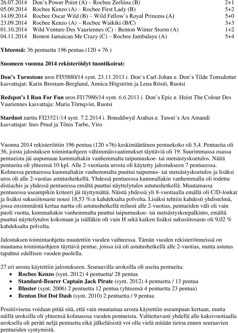 2014 Benton Jamaican Me Crazy (C) Rocbee Jambalaya (A) 5+4 Yhteensä: 36 pentuetta 196 pentua (120 + 76 ) Suomeen vuonna 2014 rekisteröidyt tuontikoirat: Don s Turnstone uros FI55880/14 synt. 23.11.