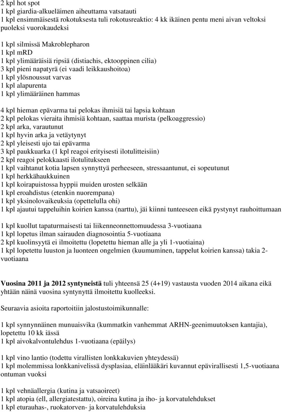 kpl hieman epävarma tai pelokas ihmisiä tai lapsia kohtaan 2 kpl pelokas vieraita ihmisiä kohtaan, saattaa murista (pelkoaggressio) 2 kpl arka, varautunut 1 kpl hyvin arka ja vetäytynyt 2 kpl