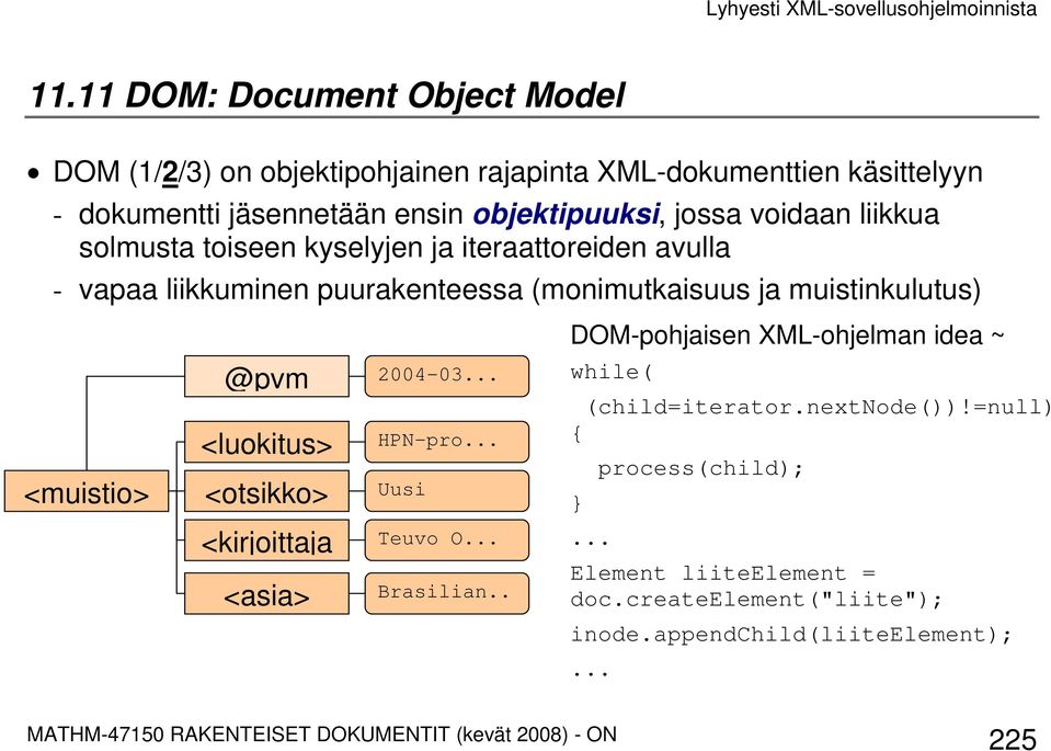 muistinkulutus) DOM-pohjaisen XML-ohjelman idea ~ <muistio> @pvm <luokitus> <otsikko> 2004-03... HPN-pro... Uusi while( (child=iterator.nextnode())!