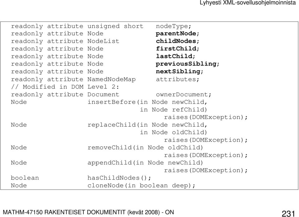 attributes; // Modified in DOM Level 2: readonly attribute Document ownerdocument; Node insertbefore(in Node newchild, in Node refchild) Node