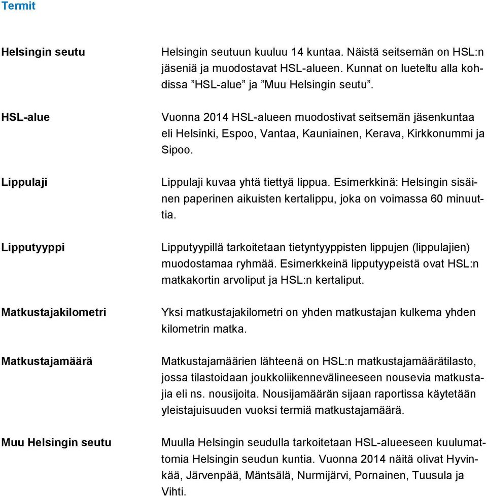 Esimerkkinä: Helsingin sisäinen paperinen aikuisten kertalippu, joka on voimassa 60 minuuttia. Lipputyyppi Lipputyypillä tarkoitetaan tietyntyyppisten lippujen (lippulajien) muodostamaa ryhmää.