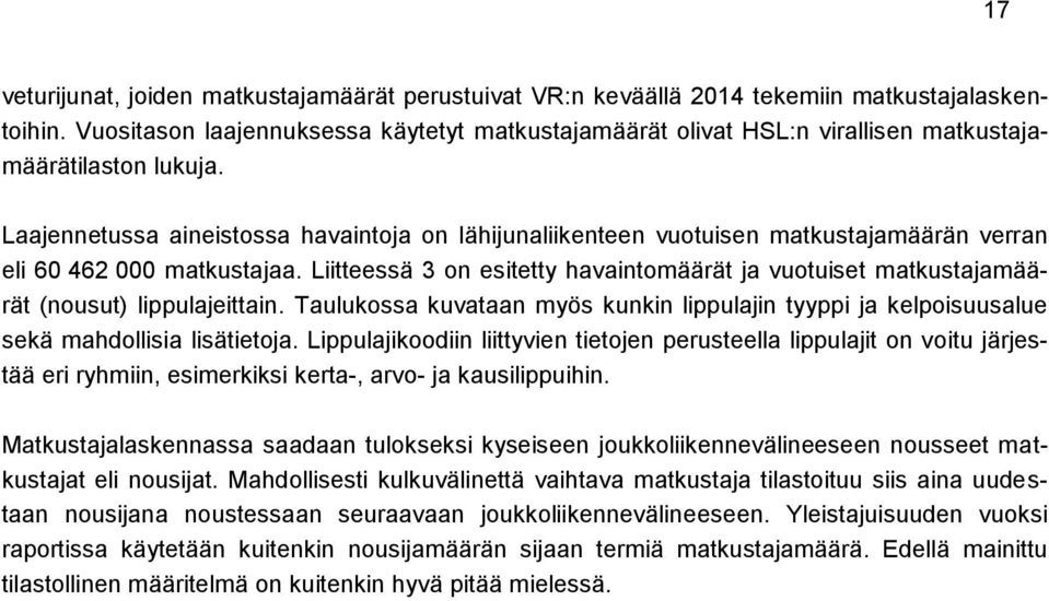 Laajennetussa aineistossa havaintoja on lähijunaliikenteen vuotuisen matkustajamäärän verran eli 60 462 000 matkustajaa.