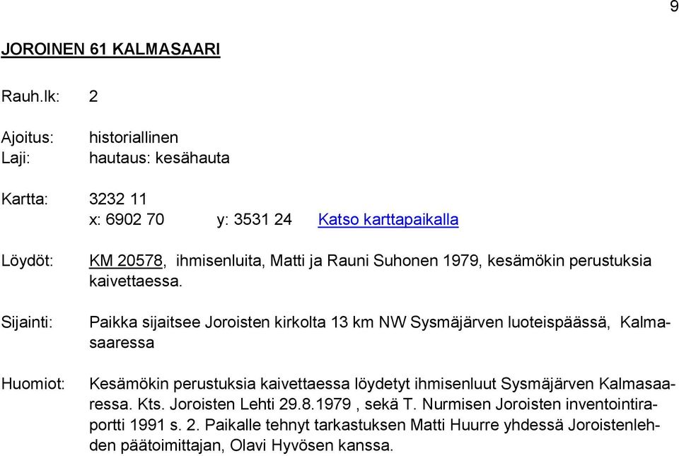 Suhonen 1979, kesämökin perustuksia kaivettaessa.