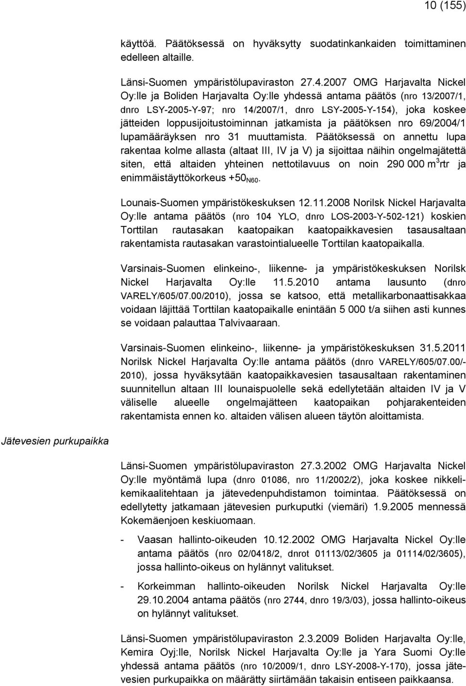 loppusijoitustoiminnan jatkamista ja päätöksen nro 69/2004/1 lupamääräyksen nro 31 muuttamista.