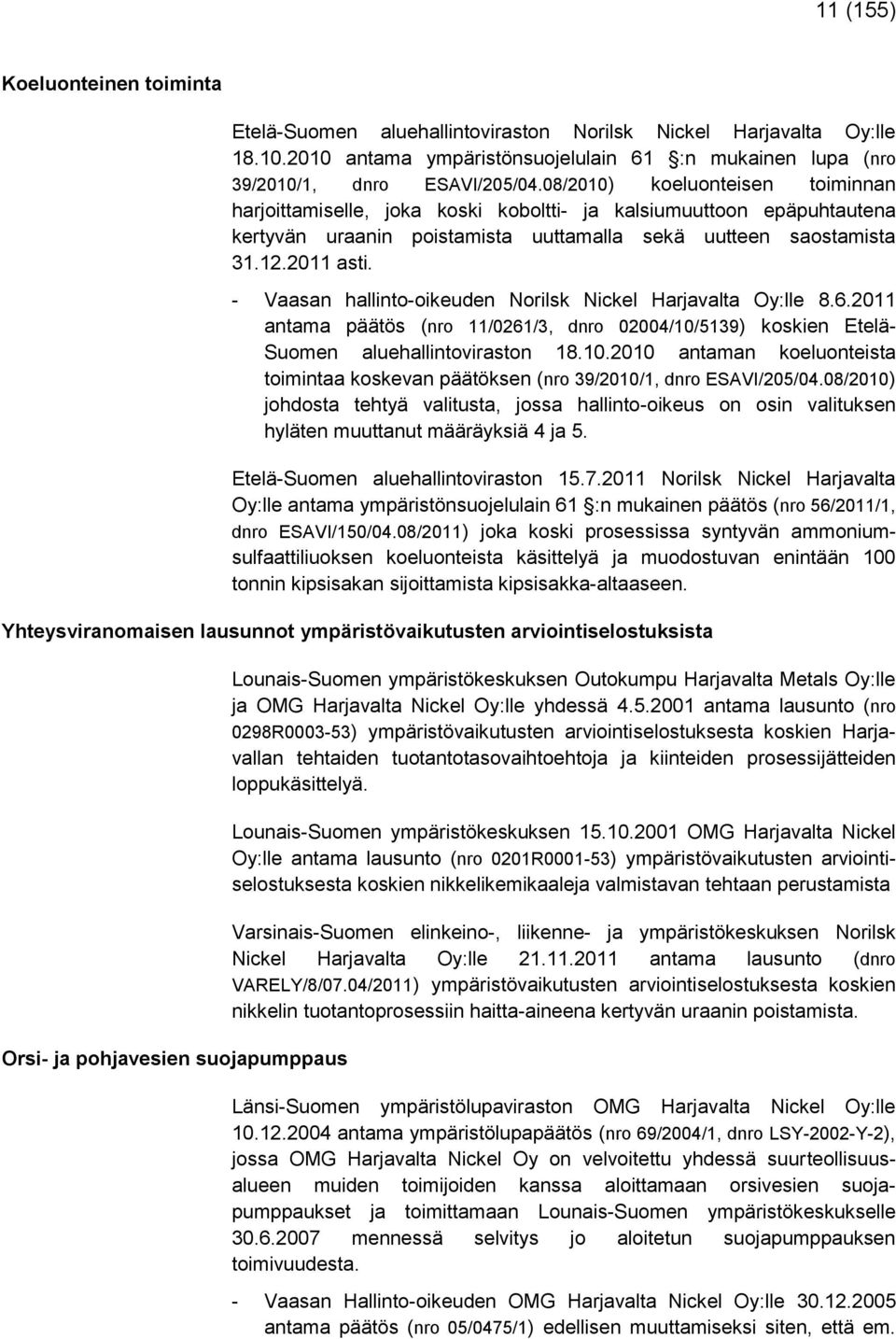 - Vaasan hallinto-oikeuden Norilsk Nickel Harjavalta Oy:lle 8.6.2011 antama päätös (nro 11/0261/3, dnro 02004/10/