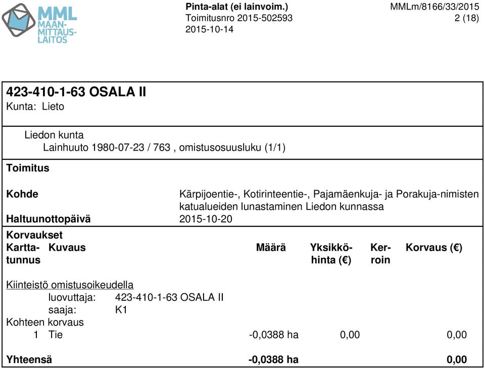 (1/1) Korvaus luovuttaja: 423-410-1-63 OSALA