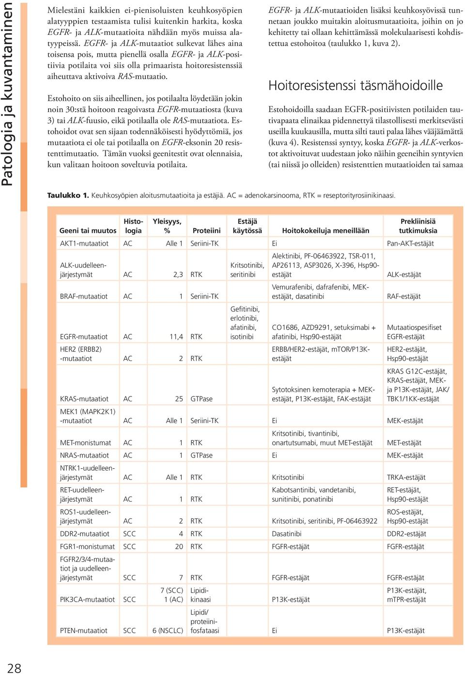 Estohoito on siis aiheellinen, jos potilaalta löydetään jokin noin 30:stä hoitoon reagoivasta EGFR-mutaatiosta (kuva 3) tai ALK-fuusio, eikä potilaalla ole RAS-a.